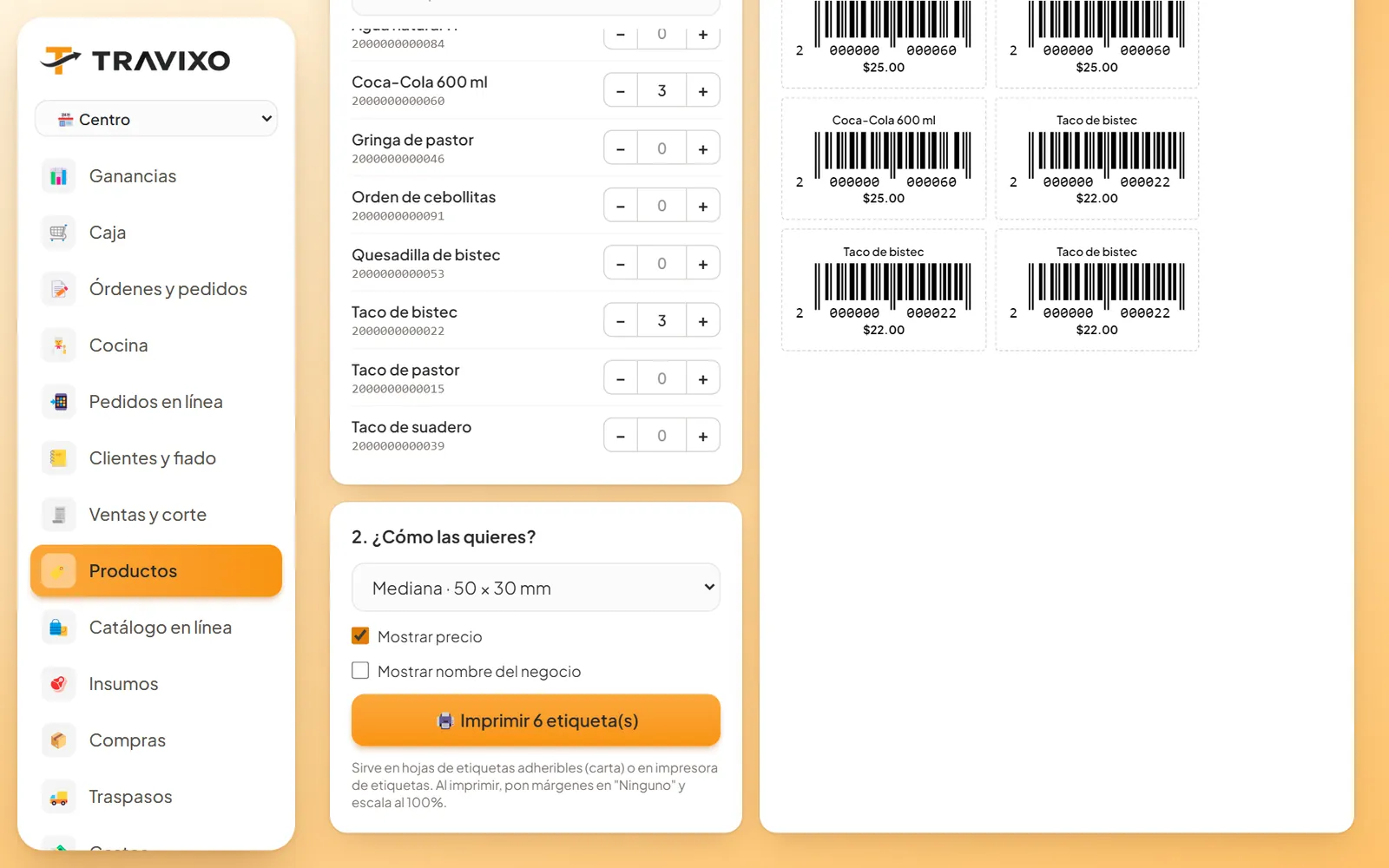 Etiquetas con código de barras en Travixo